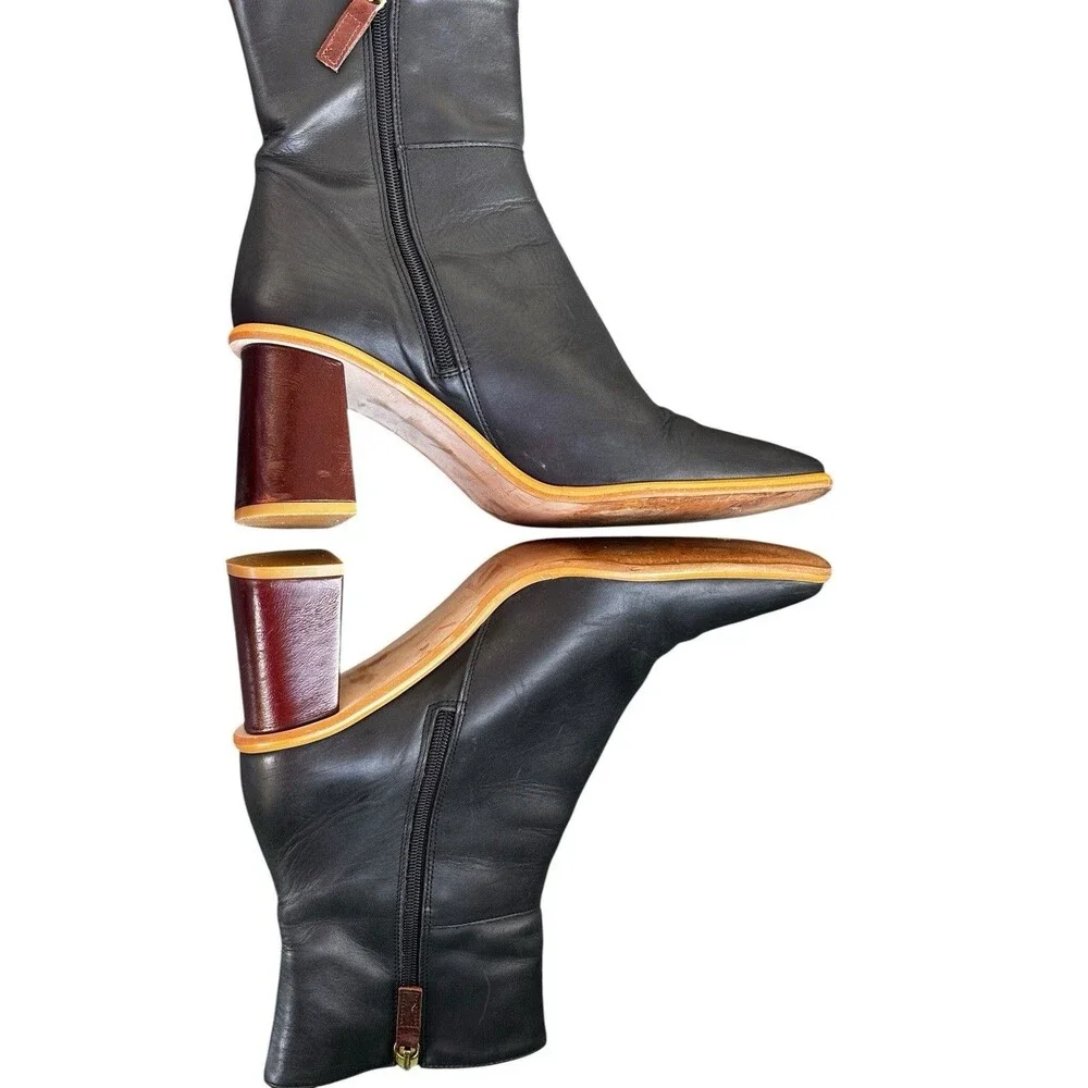 Alohas East Black Leather Square Toe Ankle Boots Wood Block Heel Spain SZ 10.5
